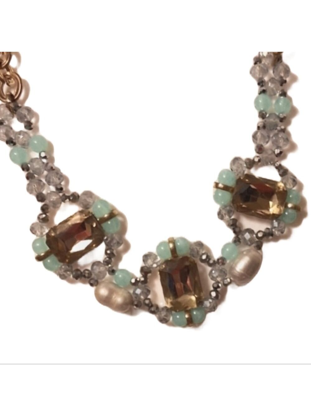 Genuine pearls, natural Jade and rhinestones 18" + ext Statement Necklace - Picture 5 of 11